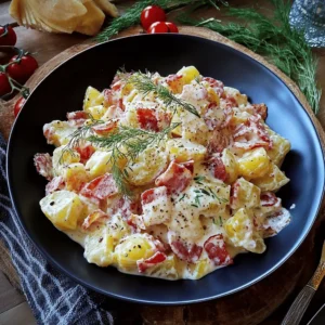 Der knusprige Kartoffelsalat ist nicht nur eine kulinarische Bereicherung, sondern auch eine wahre Geschmacksexplosion, die auf jedem Grillfest oder Familienessen willkommen ist. Diese abwechslungsreiche Beilage vereint herzhaften Bacon, knackiges Gemüse und eine cremige, würzige Sauce in einem harmonischen Zusammenspiel. Die Kombination aus verschiedenen Texturen und Aromen macht diesen Kartoffelsalat zu einem Hit bei Jung und Alt. Ob als Ergänzung zu Gegrilltem, als Teil eines Buffets oder als leichtes Mittagessen – dieser Salat überzeugt in jeder Hinsicht.