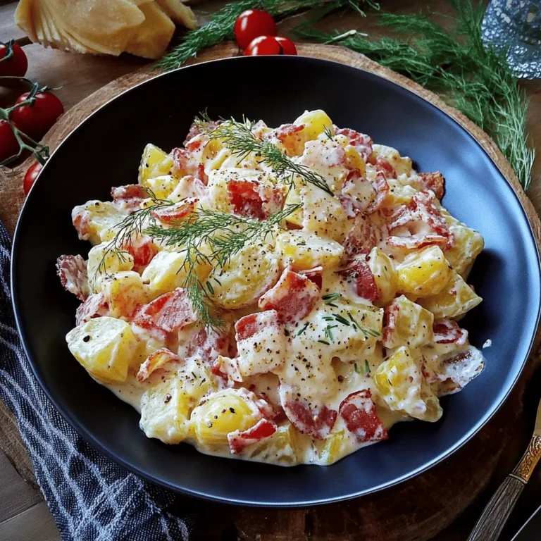 Der knusprige Kartoffelsalat ist nicht nur eine kulinarische Bereicherung, sondern auch eine wahre Geschmacksexplosion, die auf jedem Grillfest oder Familienessen willkommen ist. Diese abwechslungsreiche Beilage vereint herzhaften Bacon, knackiges Gemüse und eine cremige, würzige Sauce in einem harmonischen Zusammenspiel. Die Kombination aus verschiedenen Texturen und Aromen macht diesen Kartoffelsalat zu einem Hit bei Jung und Alt. Ob als Ergänzung zu Gegrilltem, als Teil eines Buffets oder als leichtes Mittagessen – dieser Salat überzeugt in jeder Hinsicht.