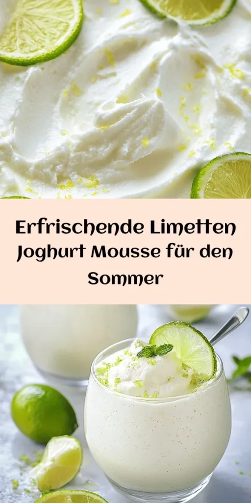 Genießen Sie ein erfrischendes Sommerdessert mit dieser Joghurt Limetten Mousse! Dieses leckere Rezept kombiniert griechischen Joghurt, frischen Limettensaft und Sahne zu einer luftigen Dessertkreation, die perfekt für heiße Tage ist. Mit nur wenigen Zutaten und einfacher Zubereitung ist es ideal für besondere Anlässe oder einfach zum Verwöhnen. Dekorieren Sie es mit Limettenscheiben und frischer Minze, und lassen Sie sich begeistern!