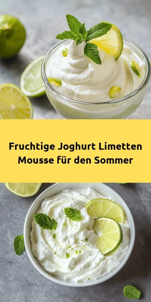 Erlebe den fruchtigen Sommertraum mit diesem leckeren Joghurt Limetten Mousse! Diese erfrischende Dessertidee vereint cremigen griechischen Joghurt, frischen Limettensaft und -schale sowie ein Hauch von Honig oder Agavensirup. Mit minimalem Aufwand zubereitet, bietet es eine luftige Konsistenz dank geschlagener Sahne. Ideal für warme Tage und perfekt zum Teilen! Garniere es mit frischer Minze und genieße den perfekten Abschluss eines Sommertages.
