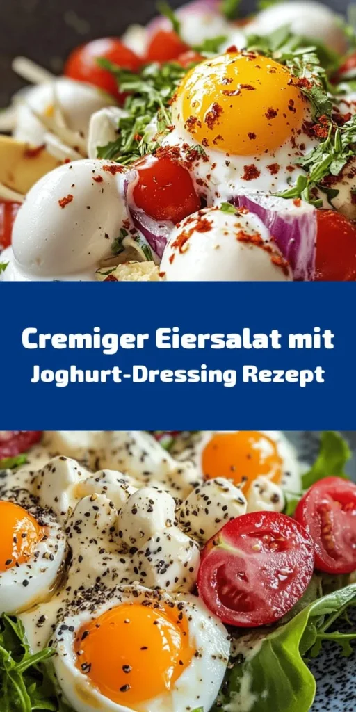 Entdecke den cremigen Eiersalat mit Joghurt-Dressing – perfekt für ein leichtes Mittagessen oder als belebender Snack! Mit hartgekochten Eiern, frischem Schnittlauch und Dill vereint dieser Salat köstliche Aromen. Das Dressing aus griechischem Joghurt, Dijon-Senf und einem Hauch Honig sorgt für eine wunderbare Cremigkeit. Serviere ihn auf frisch-blättrigem Salat und genieße eine gesunde, leckere Mahlzeit in nur 15 Minuten!