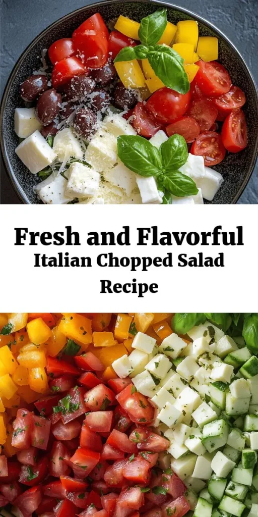 Entdecken Sie unsere frische italienische Chopped Salad Rezept! Dieser bunte Salat ist vollgepackt mit Römersalat, Kirschtomaten, Gurke, Paprika, Kalamata-Oliven und Mozzarella, alles verfeinert mit einer köstlichen Vinaigrette aus rotem Weinessig und Olivenöl. Perfekt als Beilage oder leichtes Hauptgericht. In nur 15 Minuten vorbereitet, wartet dieser gesunde Genuss auf 4 Portionen. Ein echtes Highlight für jeden Tisch! Probieren Sie es aus!
