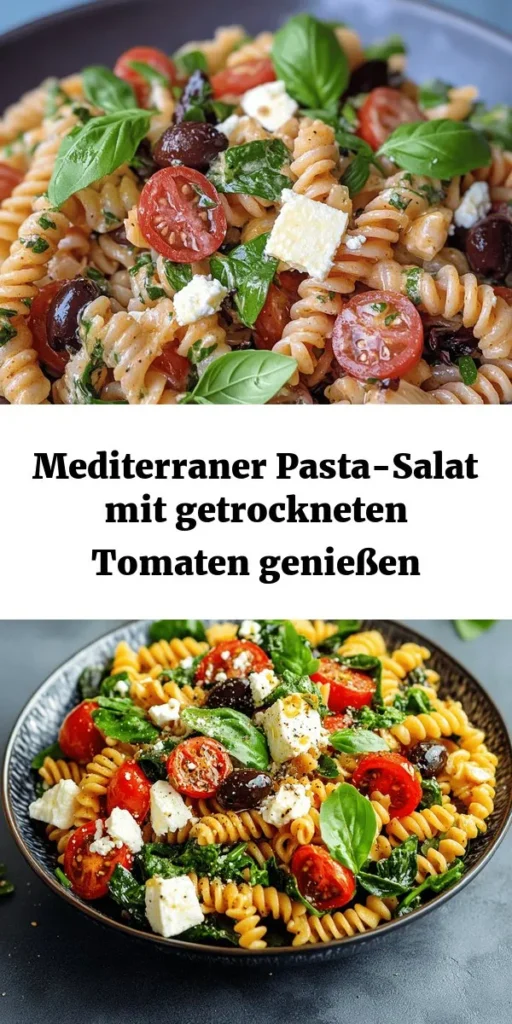 Zaubere dir ein Stück Mittelmeer auf den Tisch mit diesem köstlichen Pasta-Salat mit getrockneten Tomaten! Saftige Fusilli oder Penne vereinigen sich hier mit frischem Spinat, zerbröckeltem Feta, schwarzen Oliven und aromatischen Kräutern. Das Dressing aus Olivenöl und Balsamico verleiht dem Salat den perfekten Kick. Ideal für Partys oder als leichte Mahlzeit – einfach zubereitet und auch nach dem Kühlen ein Genuss!