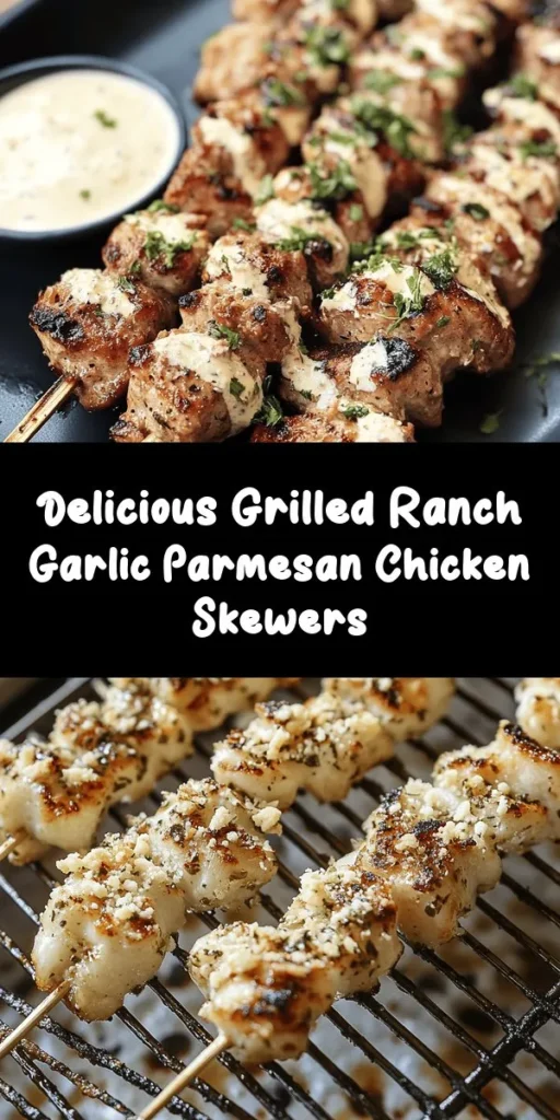 Savor the deliciousness of Grilled Ranch Garlic Parmesan Chicken Skewers! This simple recipe features juicy chicken breast cubes marinated in a heavenly blend of ranch dressing, garlic, and fresh Parmesan. Perfect for gatherings or a quick weeknight dinner, these skewers are grilled to perfection and packed with flavor. Serve them hot off the grill with a sprinkle of parsley and your favorite dipping sauce for a crowd-pleasing treat!