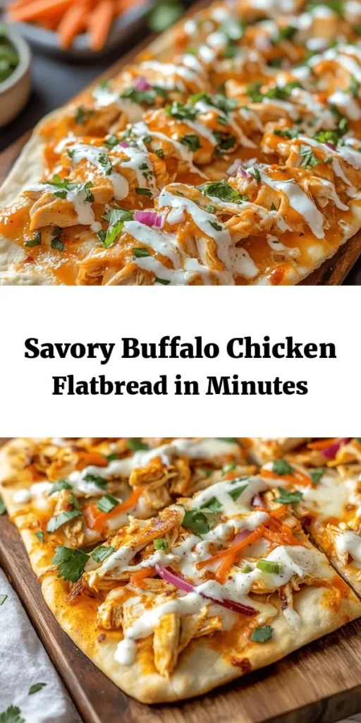 Satisfy your cravings with this Easy Buffalo Chicken Flatbread recipe! Perfect for a quick meal or a fun appetizer, this delicious dish combines tender shredded chicken mixed with spicy Buffalo sauce, topped with melty mozzarella and tangy blue cheese. Add some colorful veggies like red onion and bell pepper for extra crunch. Bake until golden and serve warm for a crowd-pleaser that everyone will love. Ready in just 20 minutes!