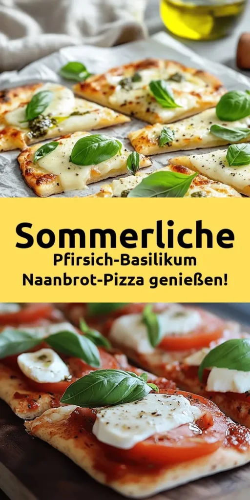 Genieße den Sommer mit dieser köstlichen Pfirsich-Basilikum Naanbrot-Pizza! Frische Naanbrote werden mit saftigen Pfirsichen, cremigem Ziegenkäse und geschmolzenem Mozzarella belegt. Mit Olivenöl, Honig und frischem Basilikum verfeinert, ist sie der perfekte Snack oder ein leichtes Hauptgericht. Die Kombination aus süß und herzhaft ist einfach unwiderstehlich! Perfekt für gesellige Abende oder gemütliche Wochenenden. Probier es aus!