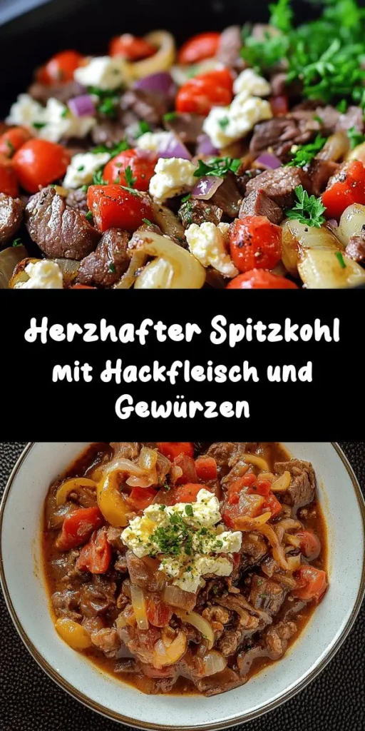 Entdecke das herzhaft leckere Rezept für Spitzkohl-Hackfleisch! Mit zartem Spitzkohl, saftigem Rinderhackfleisch und einer Mischung aus aromatischen Gewürzen ist dieses Gericht einfach zuzubereiten und perfekt für ein schnelles Abendessen. In nur 30 Minuten zauberst du eine schmackhafte Mahlzeit für die ganze Familie. Verfeinert mit Feta und frischen Kräutern wird es zum Highlight auf deinem Tisch! Probiere es jetzt aus!