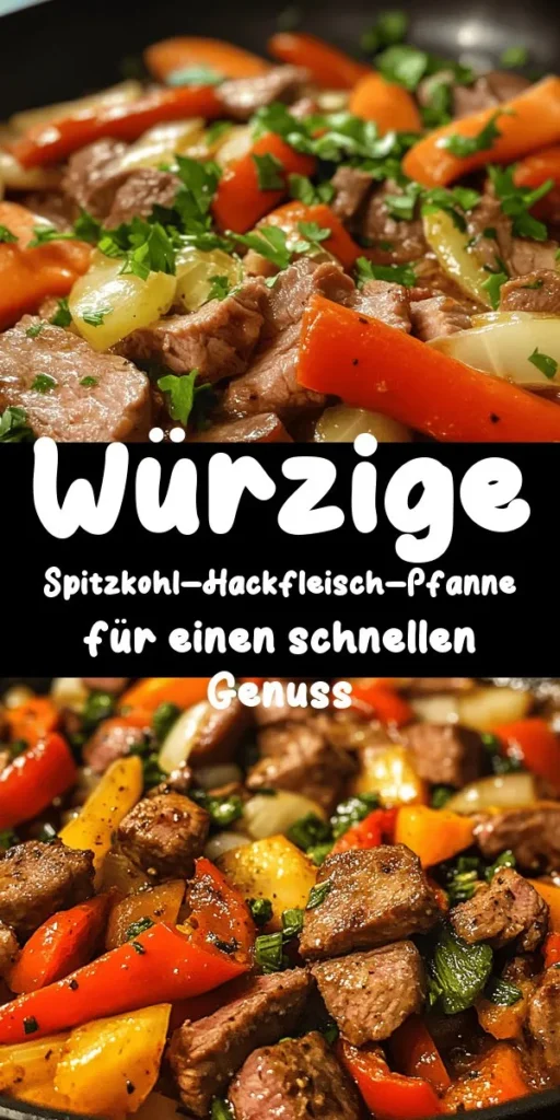 Entdecke diese würzige Spitzkohl-Hackfleisch-Pfanne, die in nur 30 Minuten zubereitet ist! Mit zartem Hackfleisch, knackigem Spitzkohl, frischem Gemüse und aromatischen Gewürzen, ist dieses Rezept ideal für ein schnelles Abendessen. Einfach alles in einer Pfanne braten, köcheln lassen und genießen. Perfekt für 4 Personen und vollgepackt mit Geschmack! Garniere das Gericht mit frischem Schnittlauch oder Petersilie für den letzten Schliff.