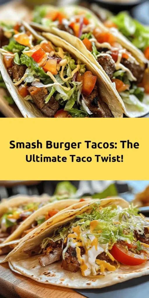 Satisfy your cravings with these delicious Smash Burger Tacos! This fun twist on traditional tacos combines crispy tortillas filled with juicy smash burgers, melted cheese, and fresh toppings like lettuce, tomatoes, and onions. Drizzled with a creamy sauce of mayonnaise, ketchup, and mustard, these tacos are perfect for a quick dinner or game day treat. Ready in just 30 minutes, they’ll be a hit with family and friends!