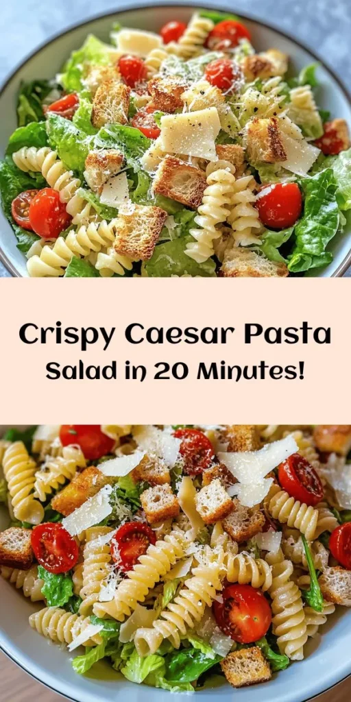 Verleih deinem klassischen Caesar-Salat mit diesem köstlichen Caesar-Pasta-Salat einen neuen Twist! Mit köstlichen Fusilli oder Penne, frischem Römersalat, saftigen Cherrytomaten und knusprigen Croutons wird jedes Bite zum Genuss. Optional mit gegrillter Hähnchenbrust für extra Proteine. Perfekt für ein schnelles Mittagessen oder eine gesellige Ausgabe! Lass ihn im Kühlschrank ziehen, um die Aromen zu intensivieren. Einfach lecker!