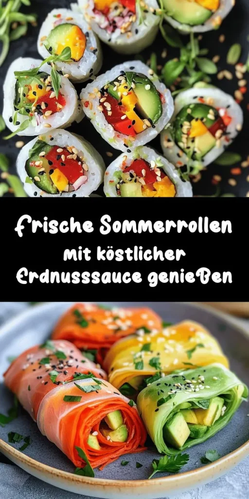 Erfrischende Sommerrollen sind der perfekte Snack für heiße Tage! Diese leckeren Rollen bestehen aus zarten Reispapierblättern, gefüllt mit köstlichen Glasnudeln, knackigem Gemüse, Avocado und frischen Kräutern. Genießen Sie sie mit einer himmlischen Erdnusssauce aus Erdnussbutter, Sojasauce, Limettensaft und Gewürzen. Ideal für ein schnelles Essen oder eine gesunde Vorspeise! Perfekt für 4 Portionen. Holen Sie sich das Rezept jetzt!