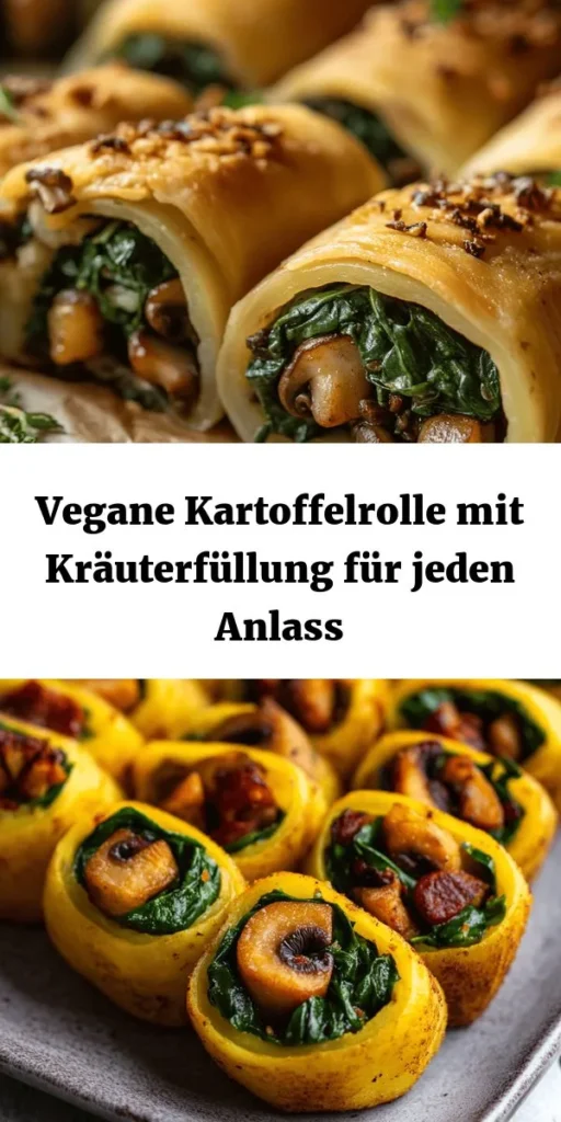 Entdecke die köstliche vegane Kartoffelrolle mit Kräuterfüllung! Dieses Rezept vereint zarte Kartoffeln, aromatischen Spinat und würzige Champignons in einer goldbraunen Teighülle. Ideal für ein schnelles Abendessen oder als herzhaftes Gericht für deine nächste Feier. Die Zubereitung ist einfach: Kartoffelteig machen, die Füllung zubereiten, aufrollen und backen – fertig in etwa einer Stunde. Lass dich inspirieren und probiere es aus!