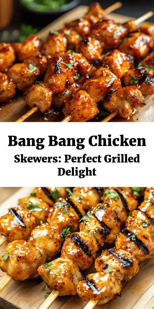 Savor the taste of summer with these delicious Bang Bang Chicken Skewers! Perfectly marinated chicken pieces are grilled to perfection and served with a creamy, spicy Bang Bang sauce. This easy recipe takes just 30 minutes to prep and 40 minutes total, making it ideal for weeknight dinners or outdoor gatherings. Impress your family and friends with this flavorful dish that's sure to be a hit! Try it today and enjoy the flavor explosion!