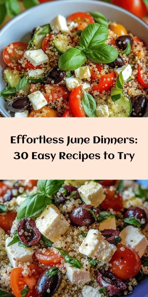 Entdecke 30 einfache und leckere Abendessen-Ideen für den Juni, die du schnell zubereiten kannst! Von einem erfrischenden Mediterraner Quinoa-Salat über eine schnelle Taco-Bowl bis hin zu cremiger Spinat-Pasta, hier ist für jeden Geschmack etwas dabei. Diese Rezepte sind perfekt für entspannte Sommerabende und benötigen nicht viel Zeit in der Küche. Lass dich inspirieren und genieße köstliche Gerichte mit frischen Zutaten!