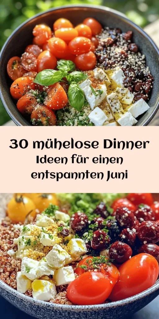 Entdecke 30 köstliche Lazy June Dinner Ideen, die perfekt für stressfreie Abende sind! Von mediterranen Quinoa-Bowls über schmackhafte Ein-Pfannen-Gerichte bis hin zu würzigen Tacos – hier findest du einfache Rezepte, die in kurzer Zeit zubereitet sind. Ideal für jede Geschmacksrichtung, von vegetarisch bis herzhaft. Lass dich inspirieren und genieße leckere, nahrhafte Mahlzeiten, die dir mehr Zeit zur Entspannung geben!