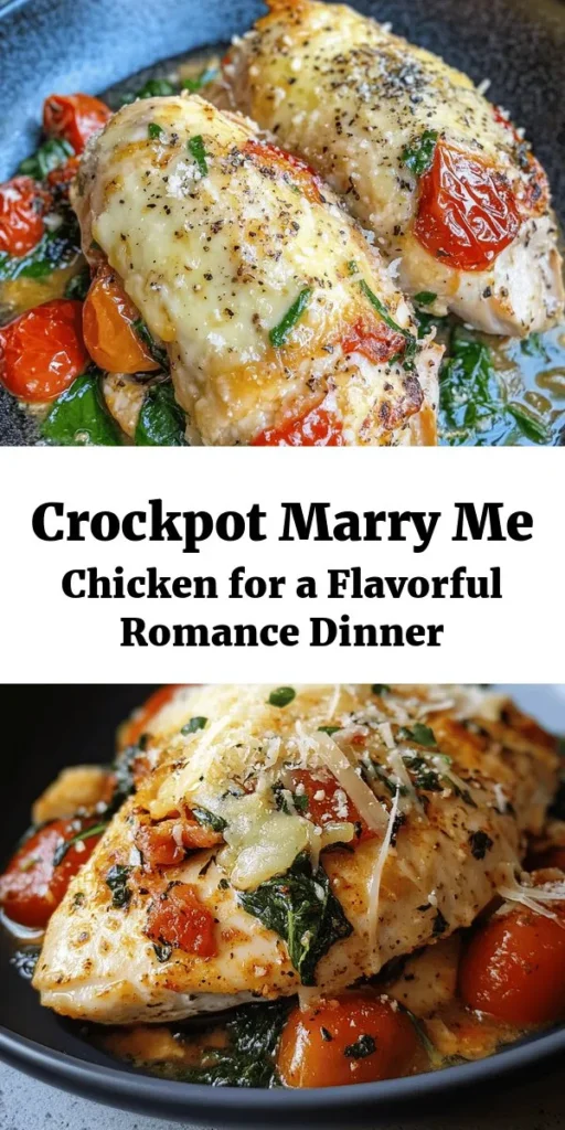 Try this mouthwatering Crockpot Marry Me Chicken recipe that’s sure to impress! With tender chicken breasts cooked in a creamy sauce of sour cream, cream cheese, sun-dried tomatoes, and spinach, this dish is packed with flavor. Just season the chicken, mix the sauce, and let the slow cooker do the work. Perfect for a romantic dinner or family meal, serve it with rice, pasta, or a fresh salad for a complete dish. Enjoy the love at first bite!