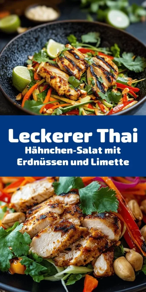 Entdecke diesen erfrischenden Thai Hähnchen-Salat mit knackigem Gemüse und aromatischem Dressing! Perfekt für warme Tage, bringt dieses Rezept mit Hähnchenbrust, Reisnudeln, frischen Kräutern und gerösteten Erdnüssen eine tolle Mischung aus Geschmack und Textur auf den Tisch. In nur 30 Minuten zubereitet, ist es eine gesunde, leichte Mahlzeit für 4 Personen. Lass dich von diesem köstlichen Salat inspirieren und genieße die asiatischen Aromen!