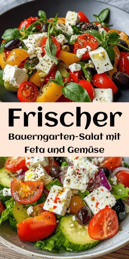Entdecken Sie einen herzhaften und lebendigen Bauerngarten-Salat mit Feta, der zum Genuss einlädt! Dieser gesunde Salat enthält frische Gurken, reife Tomaten, bunte Paprika, rote Zwiebel und schmackhafte schwarze Oliven. Verfeinert mit einer köstlichen Marinade aus Olivenöl, Rotweinessig und Oregano ist er perfekt für jede Gelegenheit. Ideal als Beilage oder leichtes Hauptgericht. Schnell zubereitet in nur 15 Minuten, genießen Sie den frischen Geschmack jeder Portion!