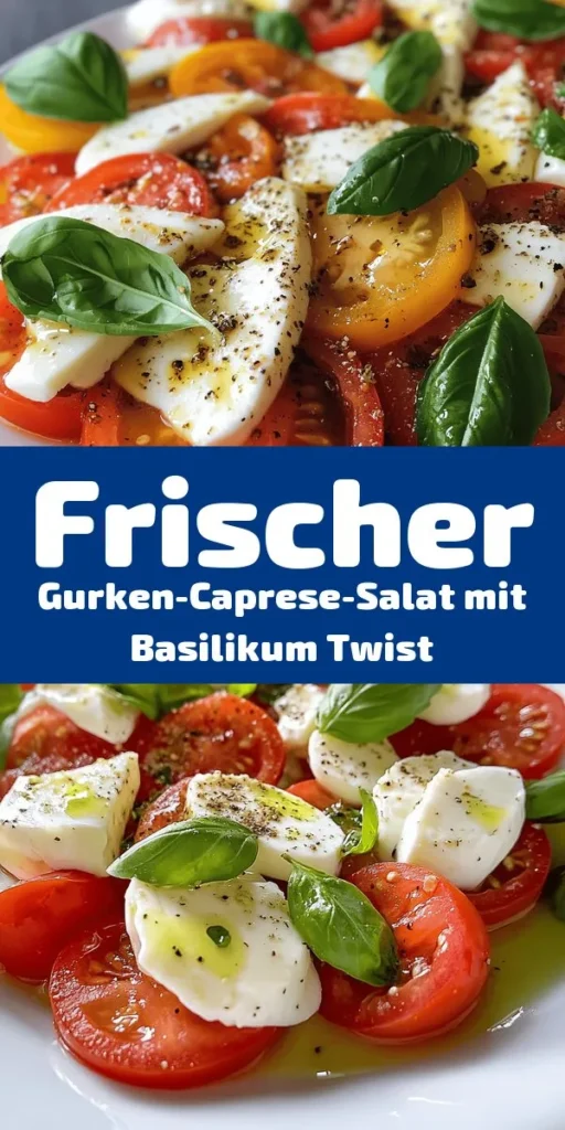 Entdecken Sie diesen erfrischenden Gurken-Caprese-Salat mit einem köstlichen Twist! Mit saftigen Tomaten, knackiger Gurke, cremigem Mozzarella und feinen roten Zwiebeln ist er perfekt für jede Gelegenheit. Einfach zubereitet in nur 15 Minuten, verbindet dieses Rezept frische Aromen und einen Hauch von Basilikum. Ideal als leichte Beilage oder Hauptgericht. Genießen Sie jeden Bissen! Perfekt für 4 Portionen.