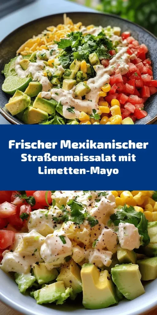 Genieße den Geschmack Mexikos mit diesem erfrischenden Straßenmaissalat mit Limetten-Mayo! Perfekt für BBQs und Sommerpartys, vereint dieser Salat süßen Mais, knackige rote Zwiebel, frischen Koriander und cremigen Feta-Käse. Abgerundet mit einer spritzigen Limettenmayonnaise und optionalen Jalapeños, ist er ein echtes Geschmackserlebnis. Einfach zubereitet und ideal zum Kühlen, wirst du deine Gäste beeindrucken!