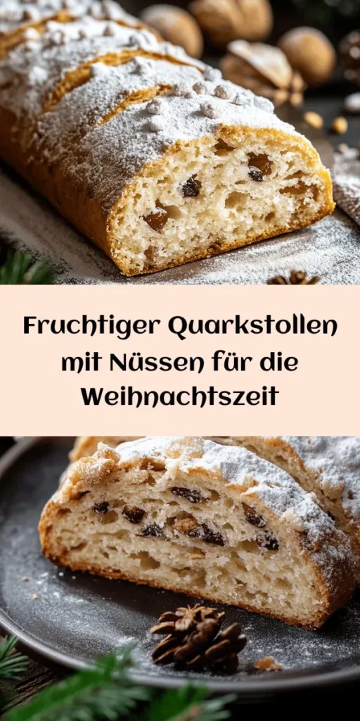 Genießen Sie die festliche Saison mit diesem köstlichen Quarkstollen mit Nuss- und Fruchtzauber! Dieser saftige Stollen vereint Quark, Haselnüsse, Rosinen und Datteln für ein unvergessliches Geschmackserlebnis. Ideal für Ihre Weihnachtsfeiern oder als süßes Geschenk. Einfach zubereitet in nur 30 Minuten Vorbereitungszeit, und für 10-12 Portionen geeignet. Ein Hauch von Zimt und eine Zuckerglasur machen das Rezept perfekt. Bereiten Sie ihn vor und genießen Sie!
