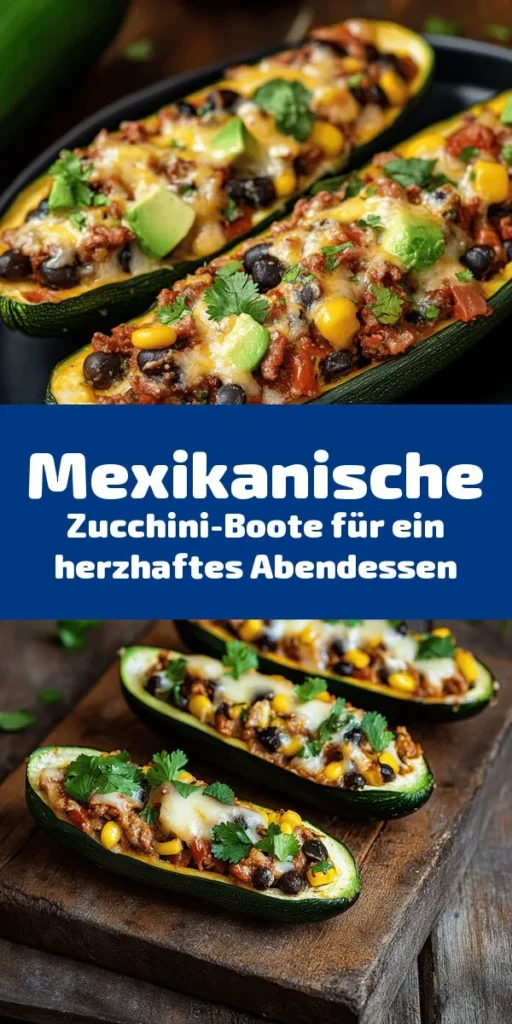 Entdecke unsere köstlichen mexikanischen Zucchini-Boote! Diese gesunden und herzhaften Leckerbissen sind gefüllt mit einer würzigen Mischung aus Hackfleisch, schwarzen Bohnen, Mais und köstlichen Gewürzen. Perfekt für ein schnelles Abendessen oder als Partysnack. Mit frischem Koriander und einer Limettenschicht garniert, sind sie nicht nur lecker, sondern auch einfach zuzubereiten. Genieße das mediterrane Flair auf deinem Teller!