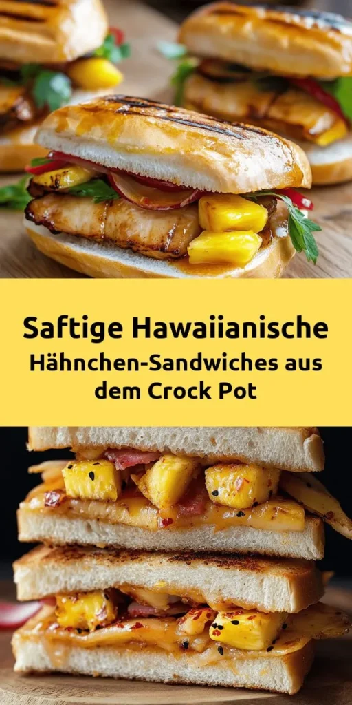 Entdecke das Rezept für saftige Hawaiianische Hähnchen-Sandwiches aus dem Crock Pot! Zarte Hähnchenbrust wird in einer köstlichen Marinade aus Ananassaft, Sojasauce und Gewürzen langsam gegart, bis sie perfekt zart ist. Serviere das Hähnchen auf frisch gerösteten Brötchen, garniert mit frischer Ananas, Paprika und Salat. Ideal für ein entspanntes Abendessen oder ein BBQ mit Freunden. Einfach zubereitet und unglaublich lecker!