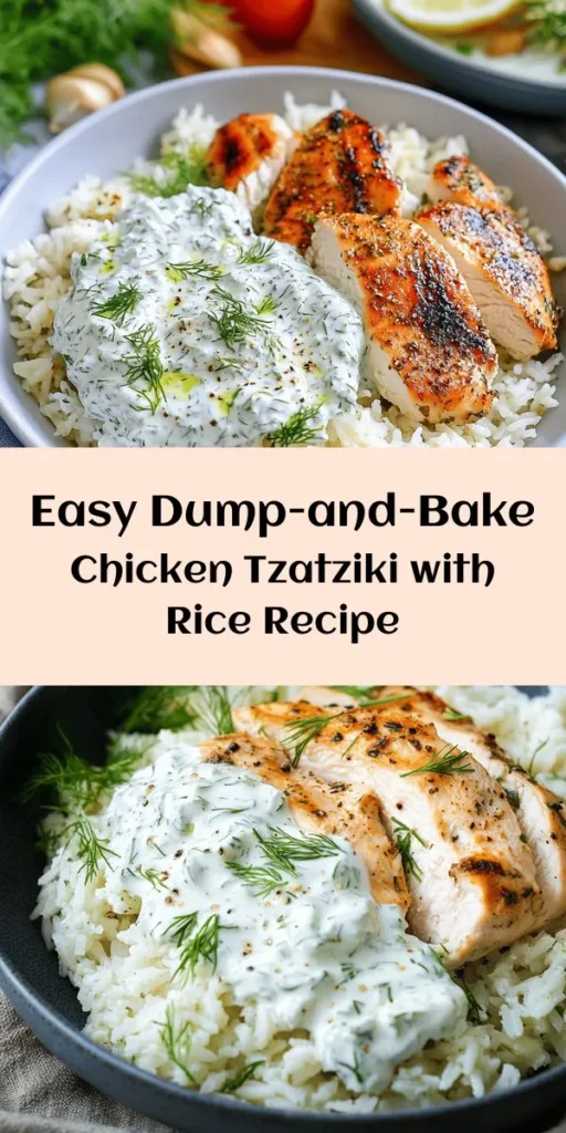Entdecke dieses einfache und köstliche Rezept für Dump-and-Bake Chicken Tzatziki mit Reis! Mit saftigem Hähnchen, aromatischen Gewürzen und einem erfrischenden Tzatziki aus griechischem Joghurt, Gurke und Dill wird dein Abendessen zum Highlight. In nur 20 Minuten Vorbereitung und 50 Minuten Gesamtzeit hast du ein gesundes Gericht für die ganze Familie. Serviere es mit frischer Minze und Zitronenscheiben für den perfekten Genuss!
