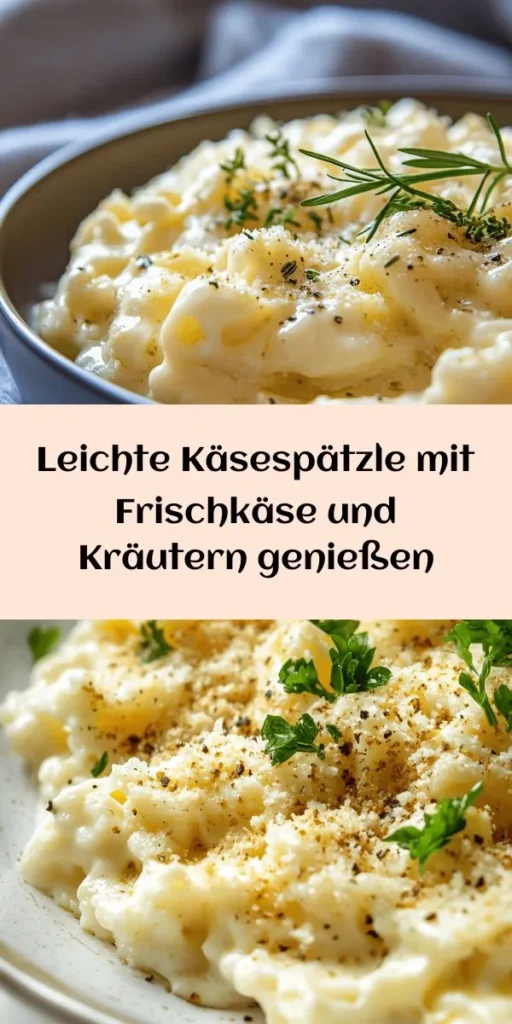 Entdecke dieses einfache Rezept für leichte Käsespätzle mit Frischkäse und frischen Kräutern! Mit Dinkelmehl, Eiern und einer cremigen Mischung aus Quark und Frischkäse zauberst du eine köstliche Mahlzeit, die schnell gelingt. Perfekt für ein herzhaftes Mittagessen oder Abendessen. In nur 30 Minuten kannst du bis zu 4 Portionen fertigstellen. Lass dir diese leckeren Spätzle nicht entgehen und bringe Abwechslung auf deinen Teller!
