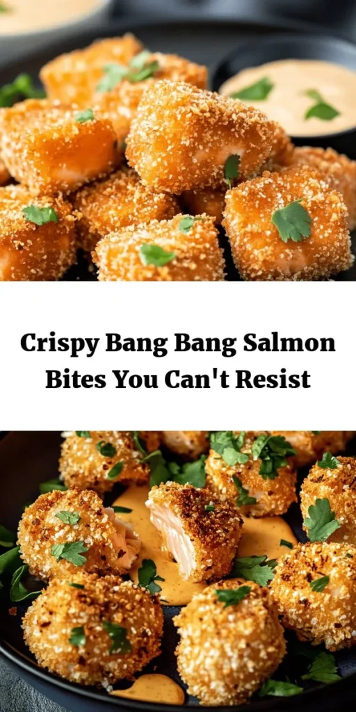 Entdecken Sie diese köstlichen und knusprigen Bang Bang Salmon Bites, die perfekt für jede Gelegenheit sind! Diese Lachsfilets werden in Panko gewälzt und knusprig frittiert, bevor sie mit einer leckeren Bang Bang Sauce aus Mayonnaise und süßer Chilisauce serviert werden. Ideal für ein schnelles Abendessen oder als Appetizer bei Ihrem nächsten Treffen. Einfach zuzubereiten und ein absoluter Hit! Garnieren Sie mit frischem Koriander und genießen Sie!