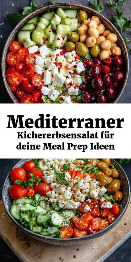 Entdecken Sie diesen leckeren mediterranen Kichererbsen-Meal Prep-Salat, der perfekt für Ihre wöchentliche Essensvorbereitung ist! Mit frischen Zutaten wie Gurke, Kirschtomaten, Paprika und Feta ist er nicht nur farbenfroh, sondern auch nährstoffreich. Von der schnellen Zubereitung in nur 20 Minuten bis zu den 4 Portionsideen ist dieser Salat ein Genuss, der bis zu 4 Tage frisch bleibt. Ideal für eine gesunde und schmackhafte Mahlzeit!