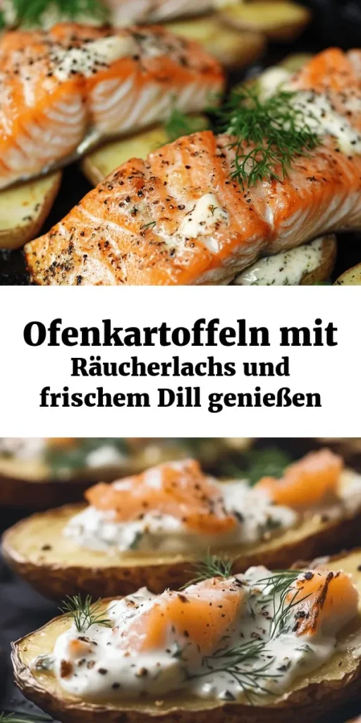 Entdecke dieses köstliche Rezept für Ofenkartoffeln mit Räucherlachs und frischem Dill! Einfach zubereitet mit großen festkochenden Kartoffeln, cremiger Füllung aus Creme Fraiche, Zitronensaft und Dijon-Senf, garnierter mit räuchergeltem Lachs und frischem Dill. Perfekt für ein schnelles Abendessen oder als Snack! Die Zubereitung dauert nur 10 Minuten, und nach 60 Minuten im Ofen kannst du 4 genussvolle Portionen servieren. Lass es dir schmecken!