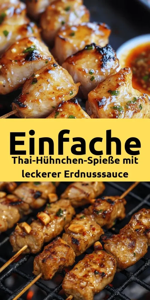 Entdecke die köstliche Welt der einfachen gegrillten Thai-Hühnchen-Spieße mit einer cremigen Erdnusssauce! Dieses Rezept kombiniert würziges Hähnchen mariniert in einer herzhaften Mischung aus Sojasauce, Honig und frisch geriebenem Ingwer. Die Erdnusssauce bringt den perfekten Geschmack mit cremiger Erdnussbutter und einem Hauch von Chili. Ideal für Grillabende oder ein schnelles Abendessen. Lass dich inspirieren und genieße den köstlichen Geschmack Thailands!