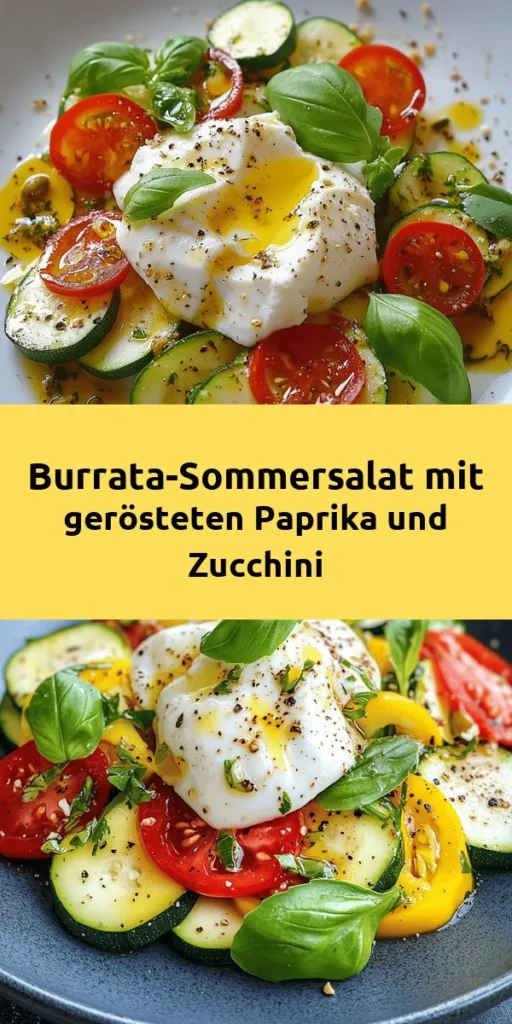 Erlebe den Geschmack des Sommers mit diesem köstlichen Burrata-Salat! Mit gerösteten roten Paprika, zarten Zucchini und einem Hauch von frischem Basilikum ist dieses Gericht einfach zuzubereiten und perfekt für jeden Anlass. Die aromatische Vinaigrette aus Olivenöl, Balsamico, Knoblauch und Zitronensaft bringt alles zusammen. Ideal für ein leichtes Mittagessen oder als Beilage beim Grillen. Lass dir diesen Sommerhit nicht entgehen!