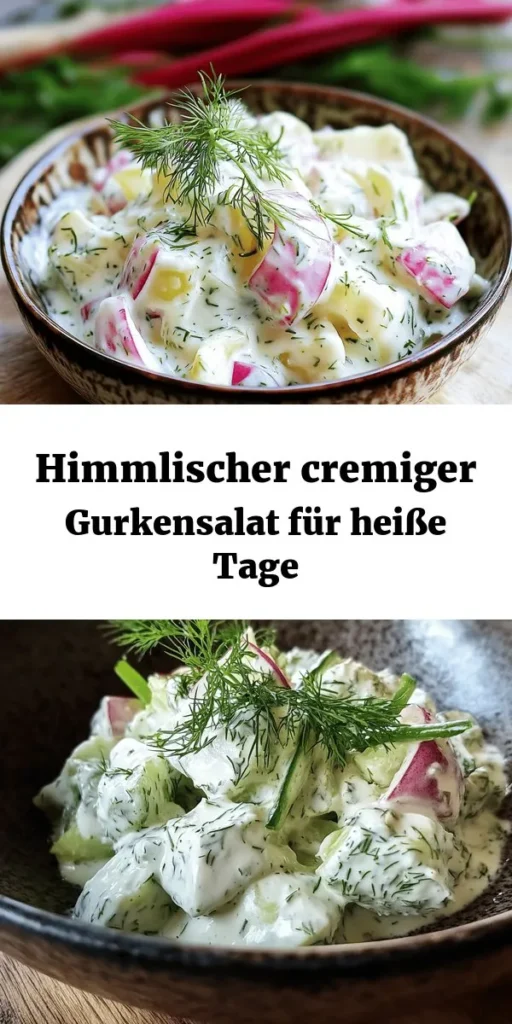 Entdecke diesen cremigen Gurkensalat, der mit einem Hauch von Himmel verfeinert ist! Frische Gurken treffen auf eine köstliche Mischung aus saurer Sahne und griechischem Joghurt, verfeinert mit Dill, Zitronensaft und einem Hauch von Honig. Ideal als erfrischende Beilage zu jeder Mahlzeit. Bereite ihn in nur 15 Minuten vor und lass ihn für 30 Minuten im Kühlschrank ziehen, um die Aromen zu intensivieren. Perfekt für warme Tage!