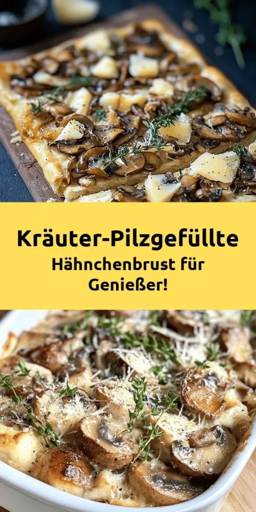 Entdecke das perfekte Rezept für pilzgefüllte Hähnchenbrust mit frischen Kräutern! Saftige Hähnchenbrust trifft auf eine cremige Füllung aus Champignons, Frischkäse und Parmesan, verfeinert mit Thymian und Petersilie. Dieses Gericht ist einfach zuzubereiten und ideal für ein leckeres Abendessen. In nur 45 Minuten servierfertig und perfekt für 4 Portionen. Ein Genuss, den du nicht verpassen solltest!