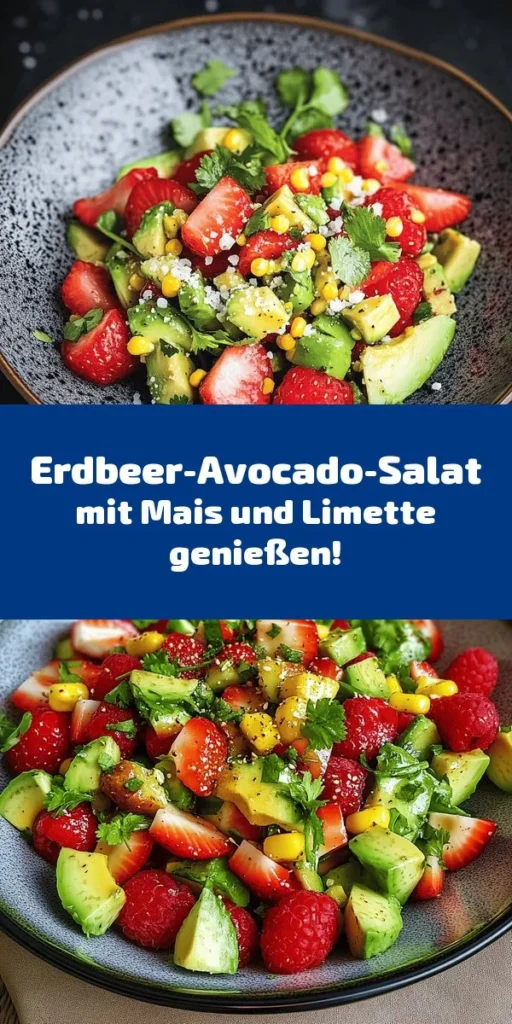 Entdecke den erfrischenden Erdbeer-Avocado-Mais-Salat, perfekt für warme Tage! Mit saftigen Erdbeeren, cremiger Avocado und knackigem Mais ist dieses Rezept schnell und einfach zuzubereiten. Kombiniere alle frischen Zutaten, verfeinere sie mit einem köstlichen Limetten-Dressing und genieße das harmonische Zusammenspiel der Aromen. Ideal als leichte Beilage oder Hauptgericht, ergänzt mit optionalem Feta-Käse für den letzten Schliff. Hol dir jetzt das Rezept!