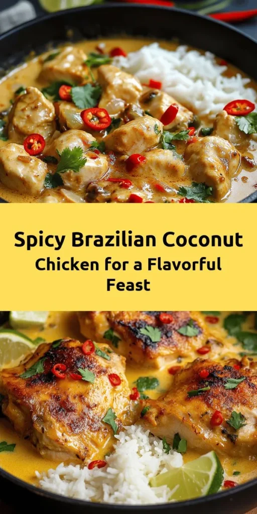 Discover the vibrant flavors of Brazil with this Spicy Brazilian Coconut Chicken! This delicious dish features tender chicken marinated in lime and spices, cooked in creamy coconut milk with fresh chilies and ginger. It's easy to make and perfect for any night of the week. Serve it up with rice or quinoa to soak up the rich sauce and garnish with fresh cilantro for a burst of color. Enjoy a taste of the tropics right at your dinner table!