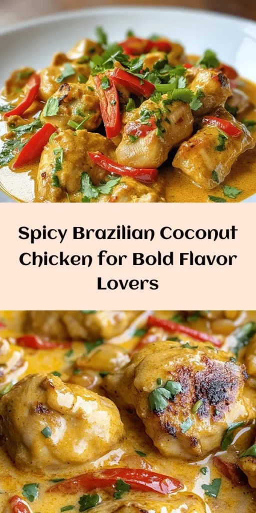 Discover the vibrant flavors of Spicy Brazilian Coconut Chicken! This dish features tender chicken marinated in a zesty blend of red curry paste, cumin, and paprika, all simmered in creamy coconut milk. Infused with fresh ginger, garlic, and colorful bell peppers, it’s a feast for the senses. Serve it over fluffy basmati rice and garnish with cilantro for a delicious dinner that’s ready in just under an hour. Perfect for impressing friends and family!