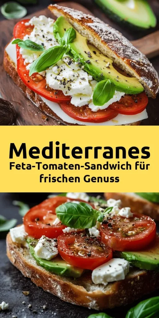 Genießen Sie den mediterranen Genuss mit diesem köstlichen Feta-Tomaten-Sandwich! Mit frischem Vollkornbrot, cremiger Avocado, saftigen Tomaten und würzigem Feta ist dieses Sandwich nicht nur einfach zuzubereiten, sondern auch eine wahre Geschmacksexplosion. Verfeinern Sie es mit Basilikum und einer köstlichen Vinaigrette aus Olivenöl, Balsamico, Oregano, Salz und Pfeffer. Perfekt für ein schnelles Mittagessen oder einen leichten Snack!
