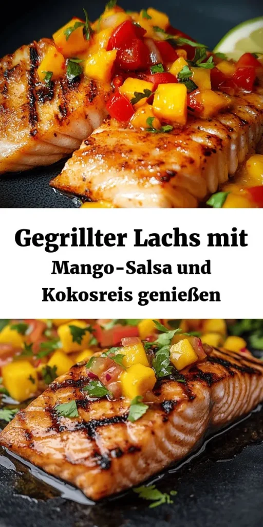 Genieße den Geschmack des Sommers mit diesem Rezept für gegrillten Lachs mit erfrischender Mango-Salsa und cremigem Kokosreis. Saftige Lachsfilets werden in einer würzigen Marinade gegrillt, während der Kokosreis die perfekte Beilage bietet. Die fruchtige Salsa aus Mango, Paprika und Koriander bringt frischen Schwung auf den Teller. Ideal für ein lichtes Dinner oder ein BBQ mit Freunden! Einfach köstlich und in 45 Minuten zubereitet.