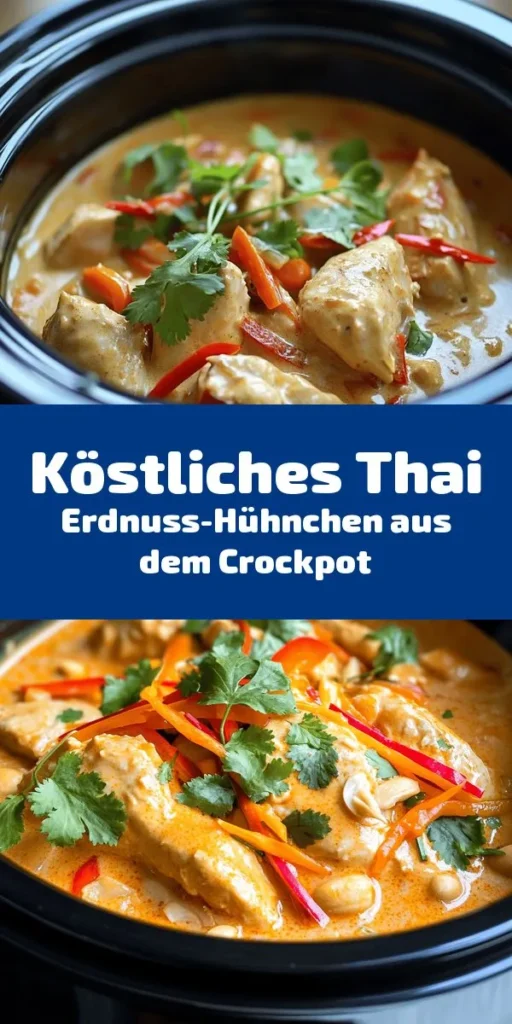 Entdecke das köstliche Thai Erdnuss-Hühnchen aus dem Crockpot! Einfach zuzubereiten mit Hähnchen, cremiger Kokosmilch und nussiger Erdnussbutter – perfekt für ein herzhaftes Abendessen. Dieses Gericht vereint frisches Gemüse wie Paprika, Karotten und Zucchini und wird mit aromatischen Gewürzen verfeinert. Ideal für Meal Prep oder gemütliche Abende. Serviere es mit Reis für ein komplettes, leckeres Essen. Probiere es jetzt aus!