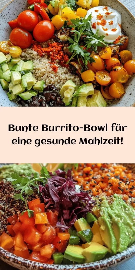 Entdecke die bunte Burrito-Bowl, ein perfektes Rezept für eine gesunde und stilvolle Mahlzeit! Mit Quinoa, schwarzen Bohnen, frischem Gemüse und einer cremigen Joghurt- oder veganen Sour-Cream-Option bietet diese Bowl nicht nur eine Vielzahl an Aromen, sondern ist auch super nahrhaft. Bereite sie in nur 30 Minuten zu und genieße die farbenfrohe Fusion aus Geschmack und Gesundheit. Ideal für ein schnelles Mittagessen oder Dinner mit Freunden!