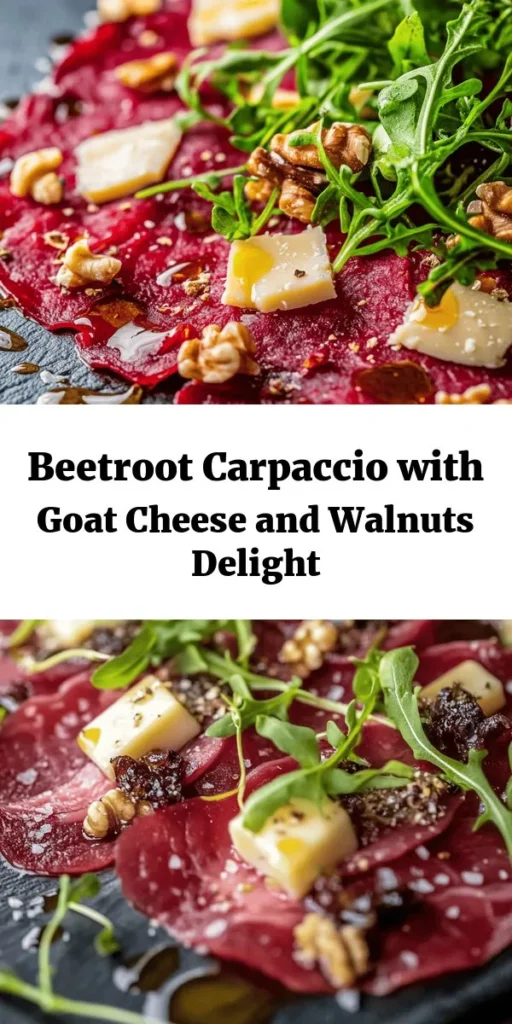 Entdecken Sie das bunte Rote Bete-Carpaccio mit Ziegenkäse und Walnüssen! Diese einfache und elegante Vorspeise kombiniert die erdigen Aromen der Rote Bete mit cremigem Ziegenkäse und knackigen Walnüssen. Die frische Rucola fügt eine schöne Note hinzu, während das Dressing aus Olivenöl, Balsamico und Honig für das gewisse Etwas sorgt. Perfekt für jedes Dinner oder als leichter Snack, dieses Rezept ist ein wahrer Genuss! Ideal für 4 Portionen in nur 20 Minuten zubereitet.