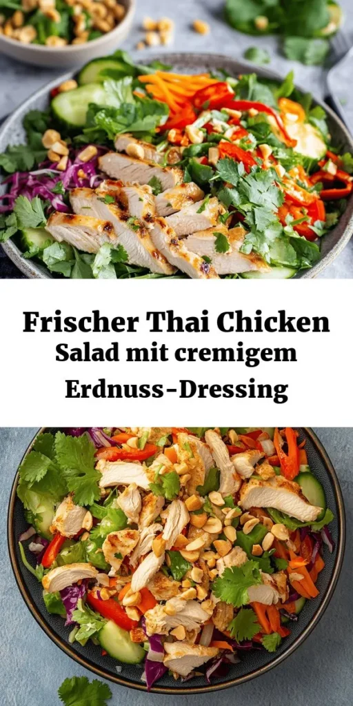 Entdecken Sie den erfrischenden Geschmack dieser Thai Chicken Salad mit cremigem Erdnuss-Dressing! Dieser köstliche Salat kombiniert saftige Hähnchenstreifen, knackiges Gemüse und frische Kräuter für ein perfektes Mittagessen oder Abendessen. Marinieren Sie das Hähnchen mit Sojasauce, Limettensaft und Honig, bevor Sie es grillen. Das Erdnuss-Dressing rundet das Gericht perfekt ab. Ein schnelles und gesundes Rezept für die ganze Familie!