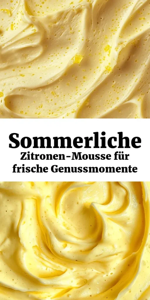 Erlebe den Geschmack des Sommers mit dieser erfrischenden Zitronen-Mousse! Diese genussvolle Nachspeise kombiniert frischen Zitronensaft, zarte Eigelb und luftiges Eiweiß, um eine himmlische, leichte Textur zu erzielen. Perfekt für warmen Tage, gehört sie in jedes Dessert-Repertoire. Die Mousse lässt sich einfach zubereiten und im Kühlschrank fest werden. Veredle sie mit frischer Minze oder Zitronenzesten für den letzten Schliff!