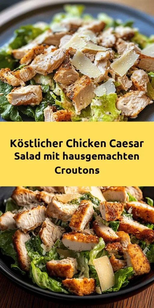 Lust auf einen köstlichen Chicken Caesar Salad mit selbstgemachten Croutons? Diese einfache und gesunde Mahlzeit ist perfekt für jedes Mittagessen oder Abendessen. Mit saftigen Hähnchenbrustfilets, frischem Römersalat, knusprigen Croutons und einem leckeren Dressing ist dieser Salat ein echter Gaumenschmaus. In nur 40 Minuten zubereitet und ideal für 2 Portionen – ein echtes Highlight für deinen Speiseplan! Probiere es aus!
