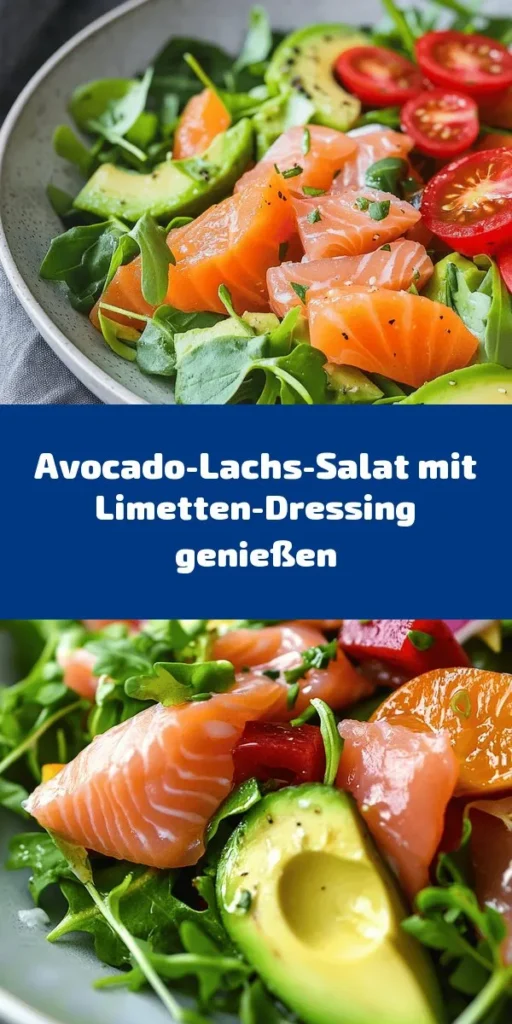 Genieße den frischen Avocado-Lachs-Genuss-Salat mit Limetten-Dressing, perfekt für ein leichtes Mittagessen oder einen köstlichen Snack am Abend. Dieser bunte Salat kombiniert zarten Lachs, cremige Avocados, würzigen Rucola und saftige Kirschtomaten, reich an Vitaminen und Geschmack. Mit einem schnellen Dressing aus Limette, Olivenöl und Honig wird er zum idealen Genuss. Schnell zubereitet in nur 15 Minuten und ideal für 2-4 Portionen!