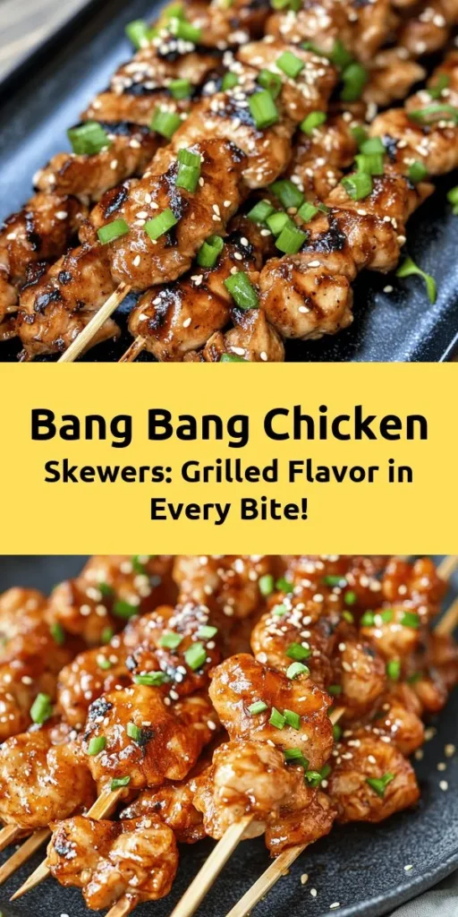 Savor the flavors of summer with these delicious Bang Bang Chicken Skewers! Perfect for grilling, this recipe features tender chicken marinated in a zesty blend of sesame oil, soy sauce, honey, ginger, and garlic. Simply marinate the chicken, skewer it, and grill to juicy perfection. They’re ready in just 30 minutes and are sure to impress your guests. Top with green onions and sesame seeds for an extra burst of flavor! Enjoy this quick and tasty dish at your next gathering.