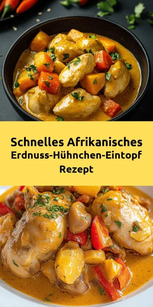 Entdecke das köstliche Rezept für afrikanisches Erdnuss-Hühnchen-Eintopf! Dieses herzhaft-cremige Gericht kombiniert zartes Hähnchen mit einer würzigen Erdnuss-Kokossoße, angereichert mit frischem Gemüse und aromatischen Gewürzen. Einfach zuzubereiten und perfekt für ein Familienessen. Serviere es mit Reis oder Yams und genieße den asiatisch-afrikanischen Geschmack. Ideal für 4-6 Portionen – ein einfaches, aber beeindruckendes Gericht für jedes Dinner!